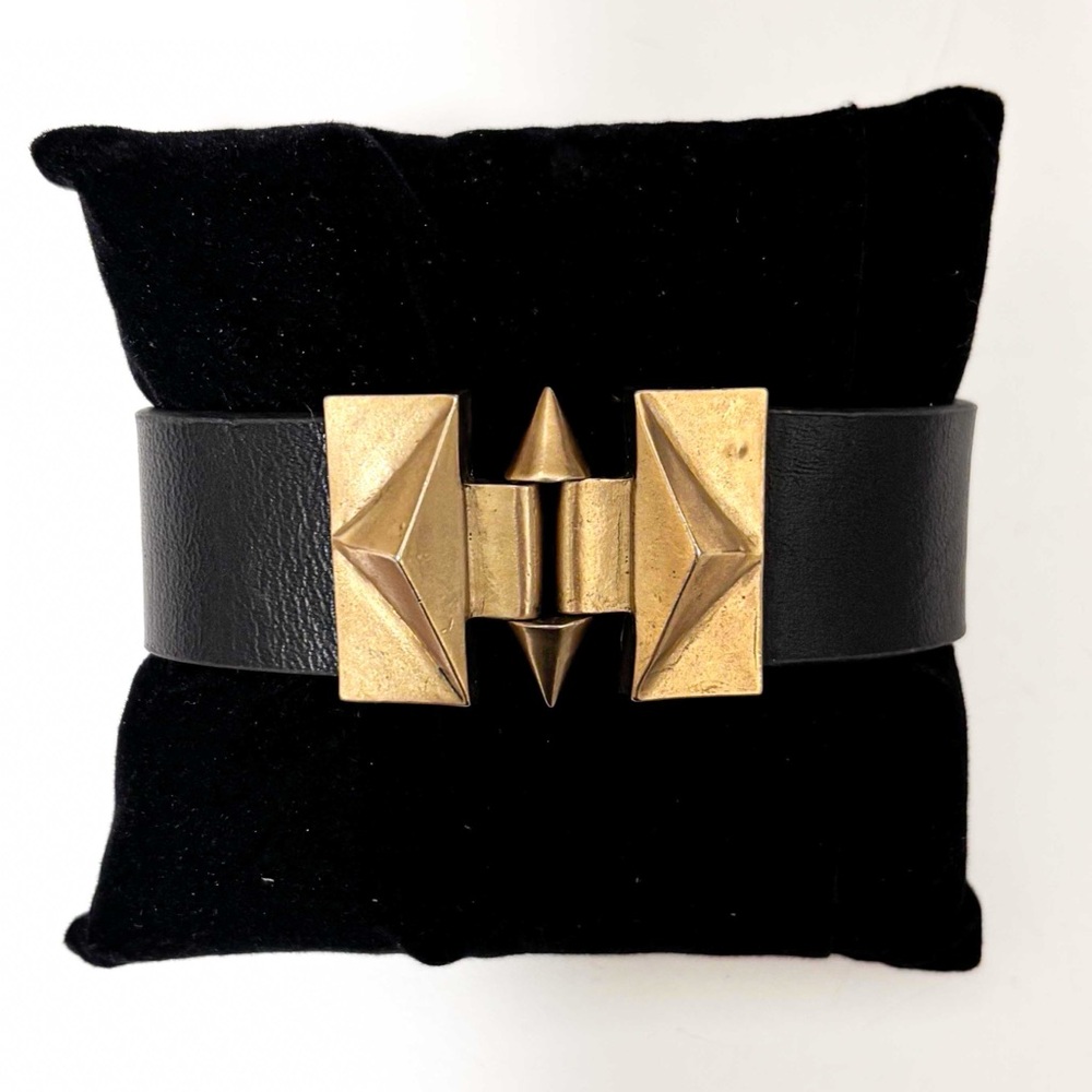 NEW - Bold Black Leather Magnetic Cuff Bracelet w Gold Geometric Pyramid Studs